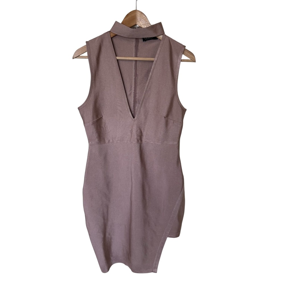 Akira Bandage Mini Dress Womens Large Mauve Euc Choker V-Neck Asymmetrical